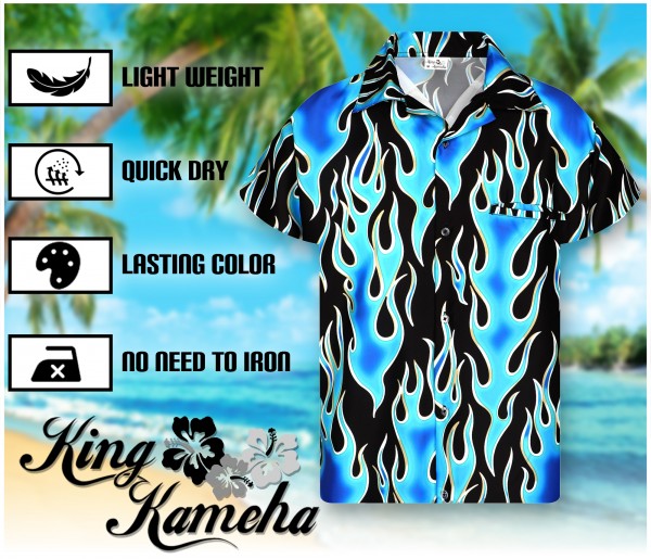 King Kameha Funky Hawaiian Shirt - Flames Print, Blue, 100% Polyester, Unisex, Lightweight & Vibrant - View #4