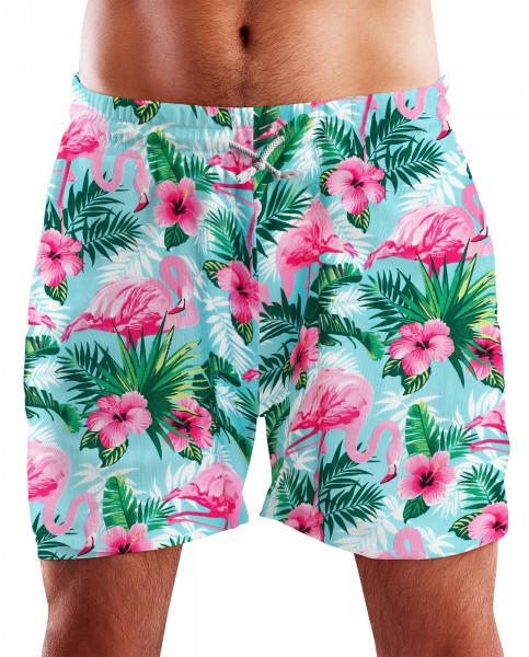 King Kameha Funky Hawaii Schwimm-Hose Bade-Hose Bade-Shorts, Flamingo Flowers