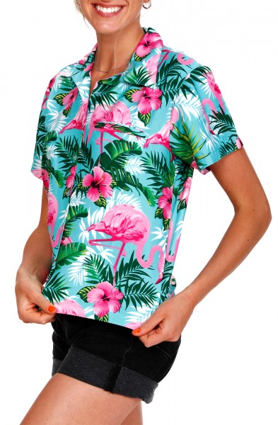 King Kameha Funky Hawaii-Bluse-Hemd, Damen, Kurzarm, Flamingo-Flowers