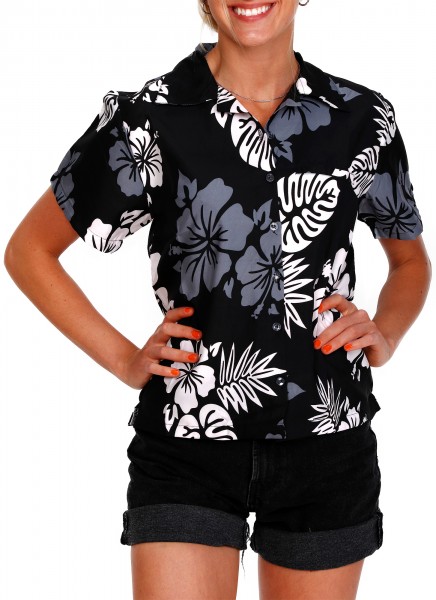 King Kameha Funky-Hawaii-Bluse-Hemd, Damen, Kurzarm, Mono-Hibiscus