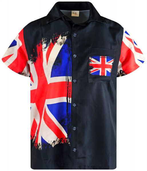 King Kameha Funky Hawaii-Hemd, Herren, Kurzarm, Flag UK, Schwarz