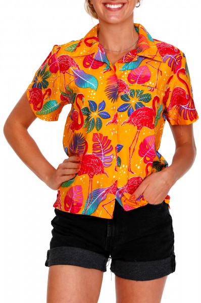 King Kameha Funky Hawaii-Bluse-Hemd, Damen, Kurzarm, Funky-Flamingos