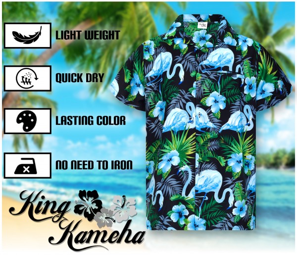 V.H.O. Funky Hawaii hemd voor heren, korte mouwen, borstzak, Hawaii-print met papegaai strand, bloemen, palmen., Parrot groen, 4XL