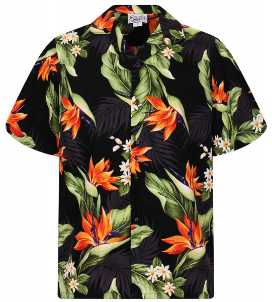 Pacific Legend | Original Hawaiihemd | Herren | S - 4XL | Strelizie Palmen Blumen | Schwarz
